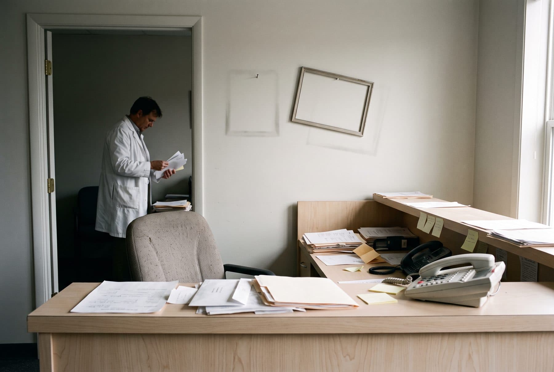 Recepción vacía de un consultorio privado: papeles y el teléfono sobre el mostrador, un marco vacío donde iría el permiso y el médico solo al fondo